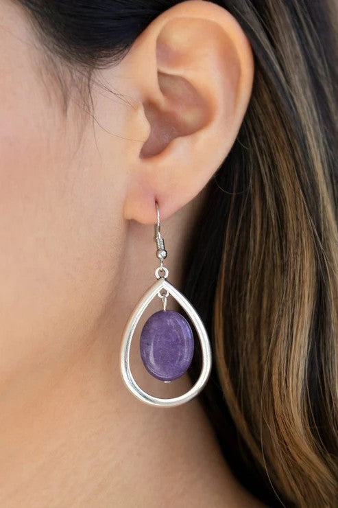 Silver Teardrop Earrings w/ Purple Stone Detail