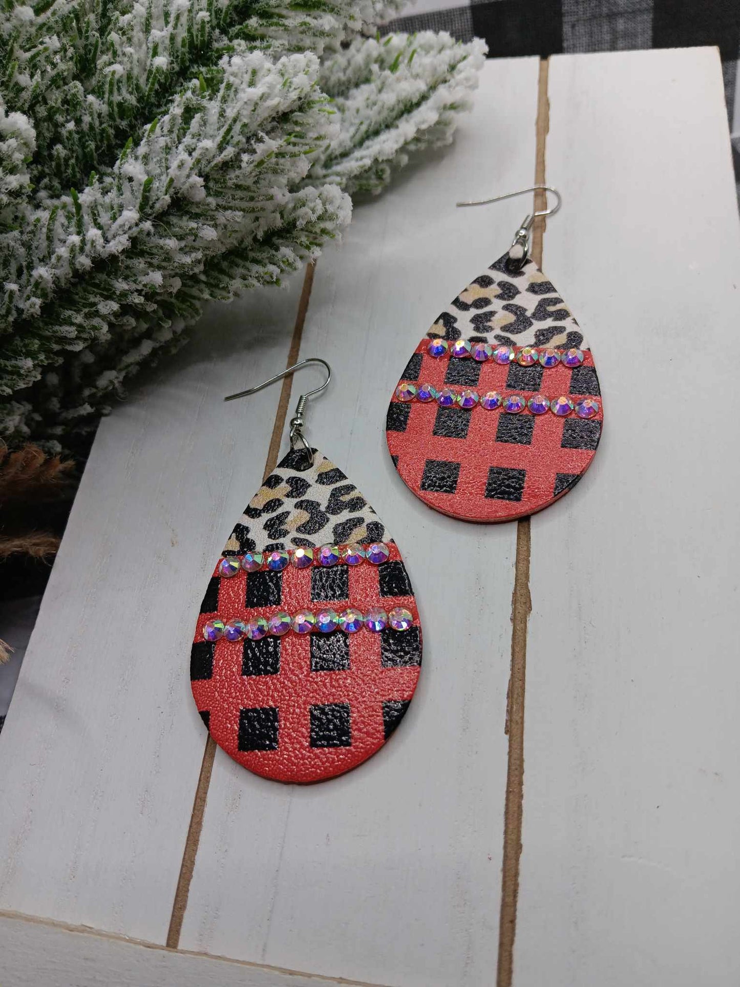 Leopard & Buffalo Plaid Earrings w/ Mermaid Rhinestone Detail