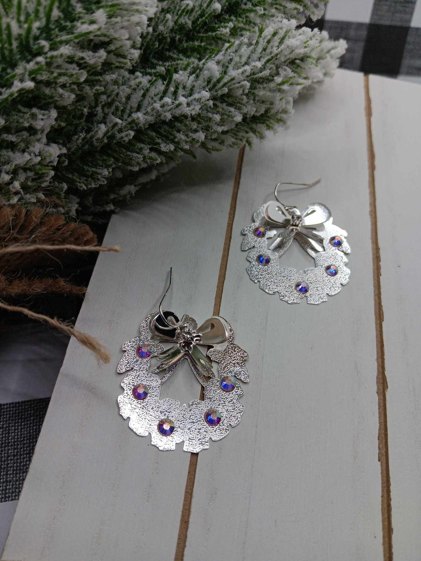 Silver Wreath Earrings w/ Mermaid Rhinestone Accents