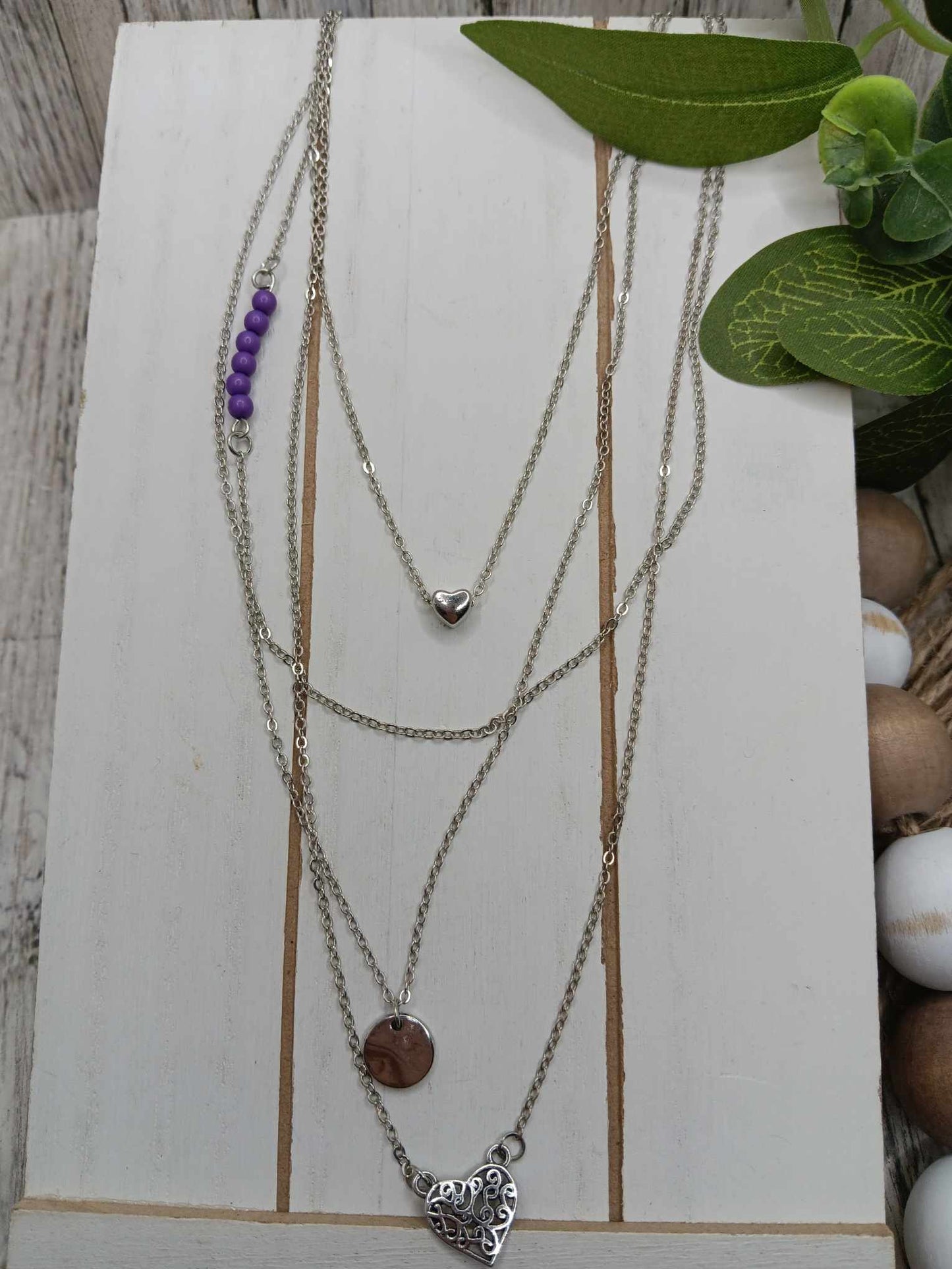 Triple Layered Silver & Purple Heart Necklace