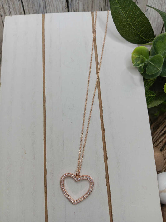 Rose Gold Heart Necklace w/ Rhinestone Accents