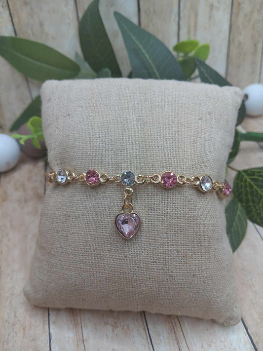 Light Pink & White Rhinestone Heart Bracelet - Gold