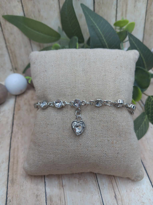 White Rhinestone Heart Bracelet - Silver