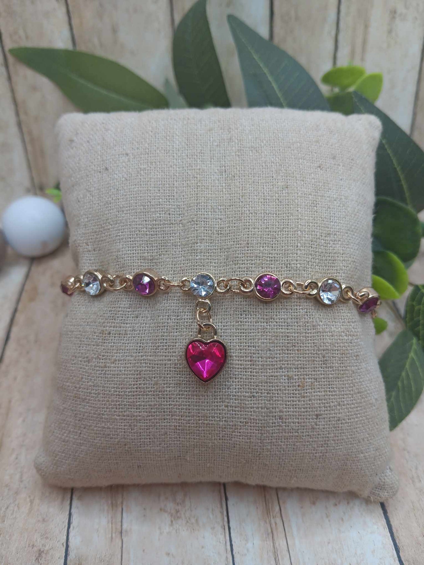 Hot Pink & White Rhinestone Heart Bracelet - Gold