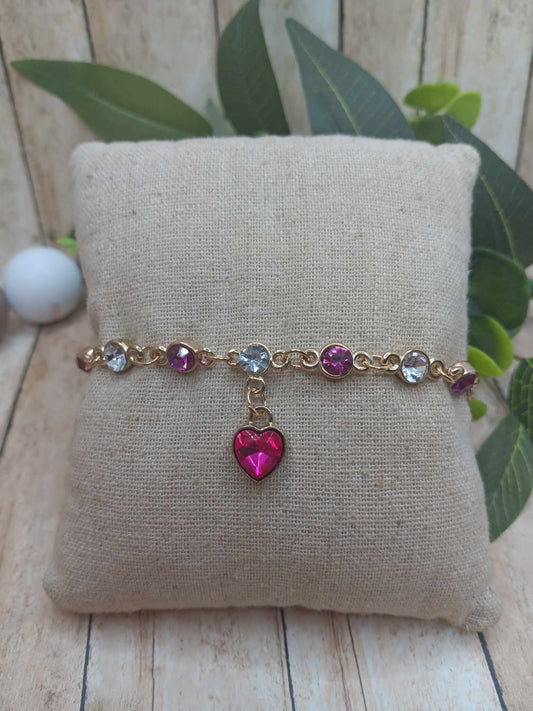 Hot Pink & White Rhinestone Heart Bracelet - Gold