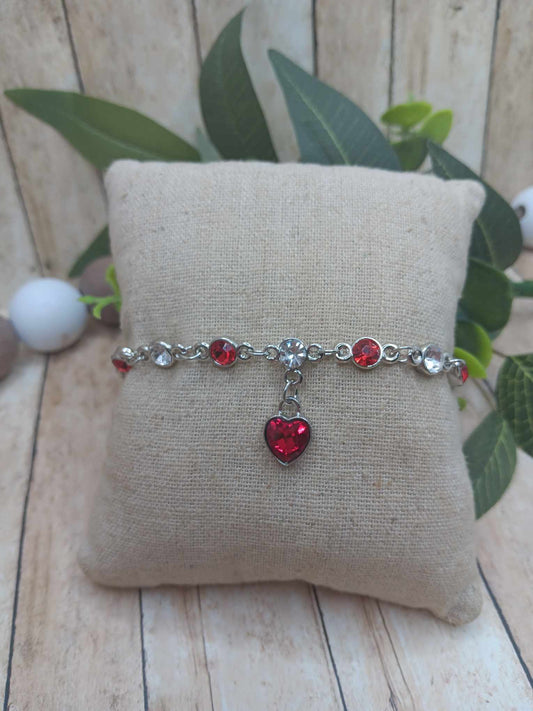 Red Rhinestone Heart Bracelet - Silver