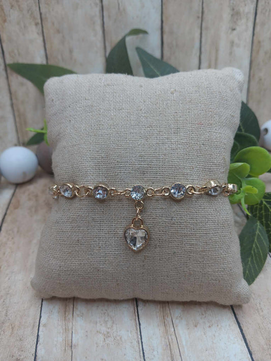 White Rhinestone Heart Bracelet - Gold