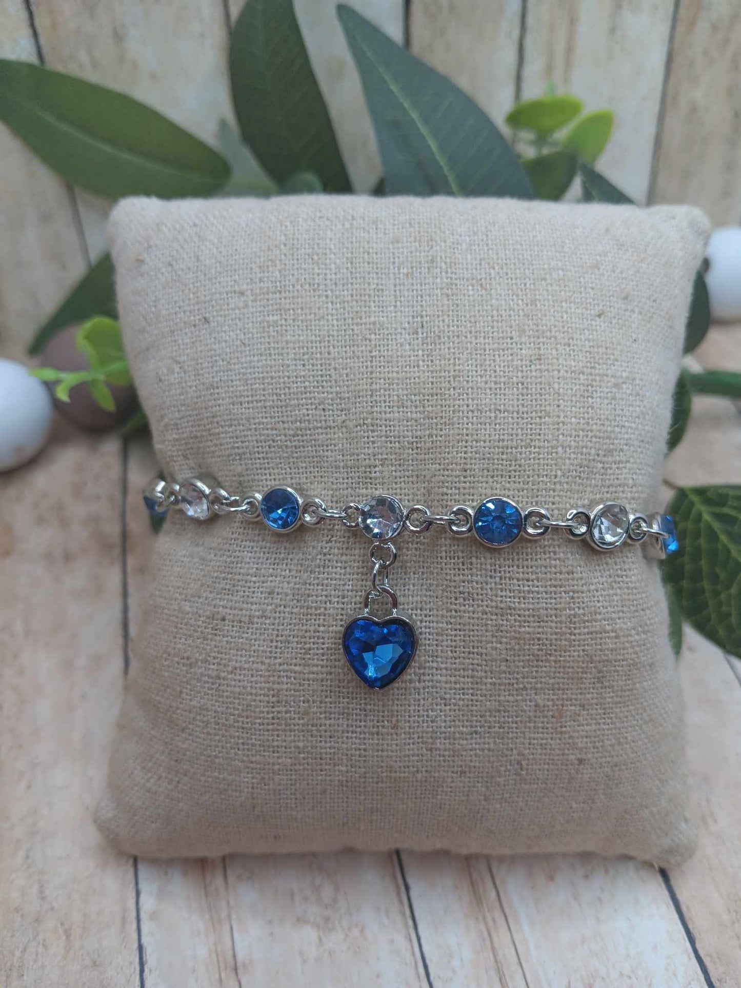 Blue Rhinestone Heart Bracelet - Silver