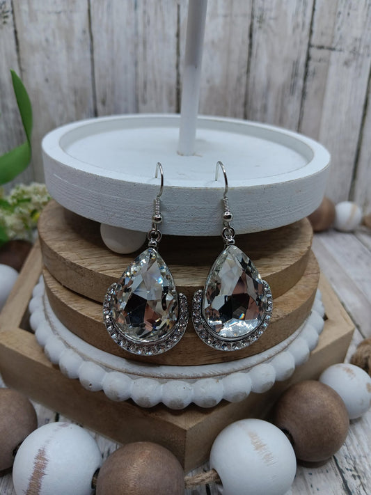 Silver Teardrop Rhinestone Earrings