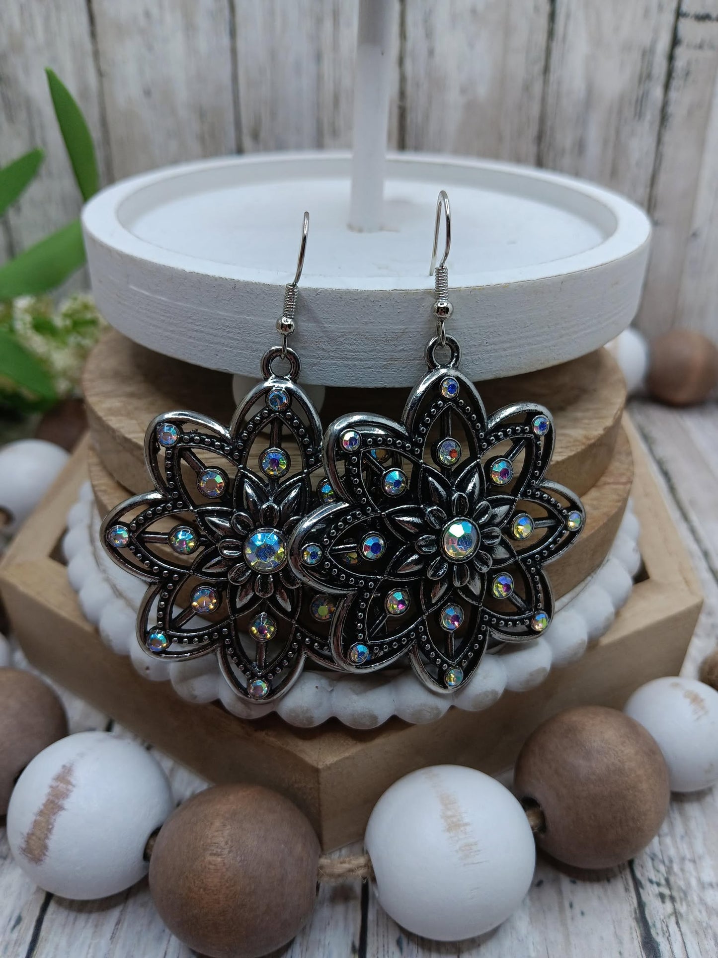 Silver Flower Style Earrings w/ Mermaid Rhinestone Accents