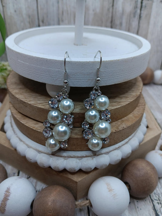 Silver Rhinestone & White Pearl Drop Earrings