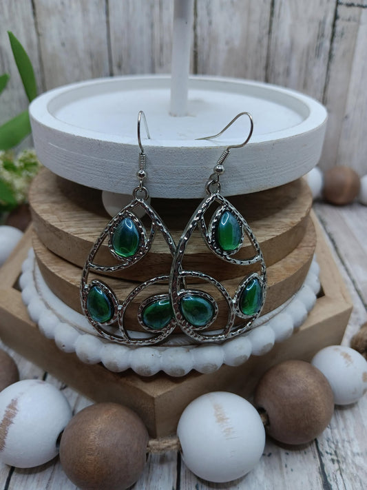 Silver Earrings w/ Iridescent Green Accents