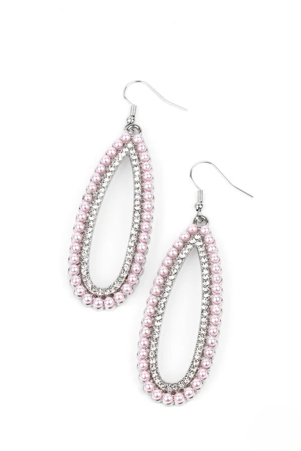 Silver Oval Earrings w/ Pink Pearl & Rhinestone Details