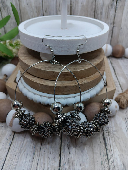 Silver Open Faced Earrings w/ Gunmetal & Grey Rhinestone Beading