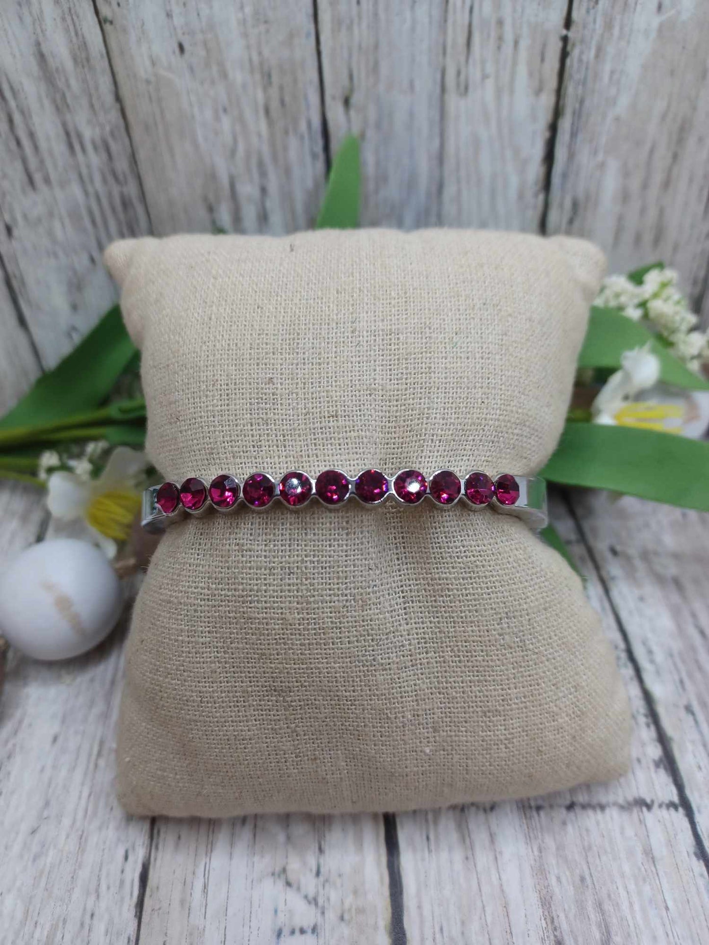 Silver Hinge Style Bracelet w/ Pink Rhinestone Accents