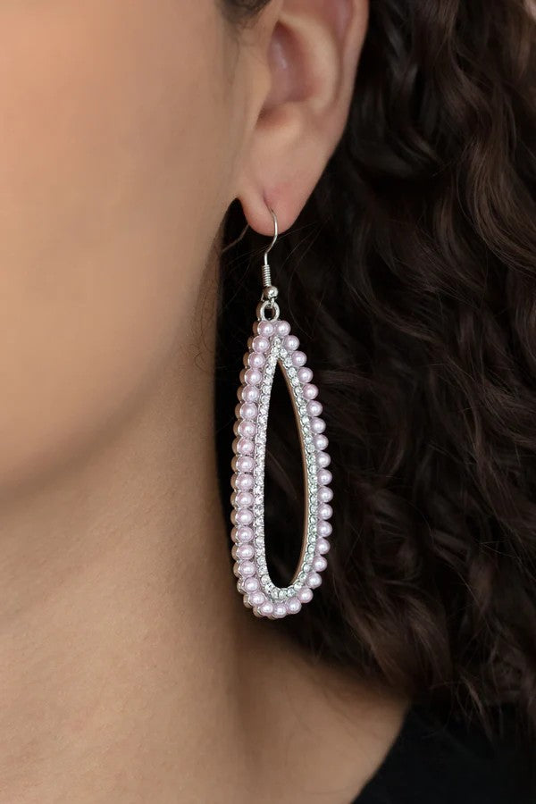 Silver Oval Earrings w/ Pink Pearl & Rhinestone Details