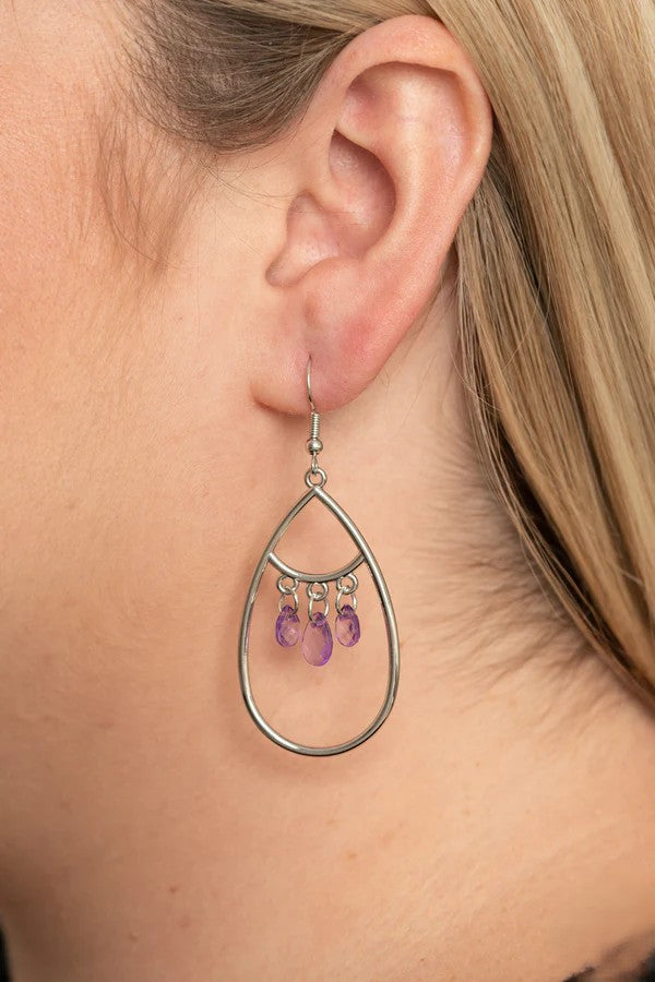 Silver Tear Drop Earrings w/ Purple Dangle Beading