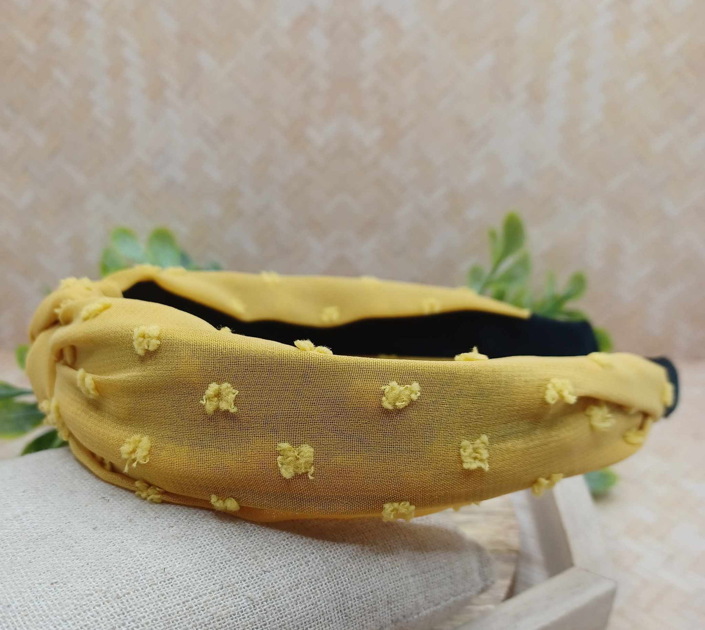 Mustard Headband w/ Top Knot & Distressing Detail