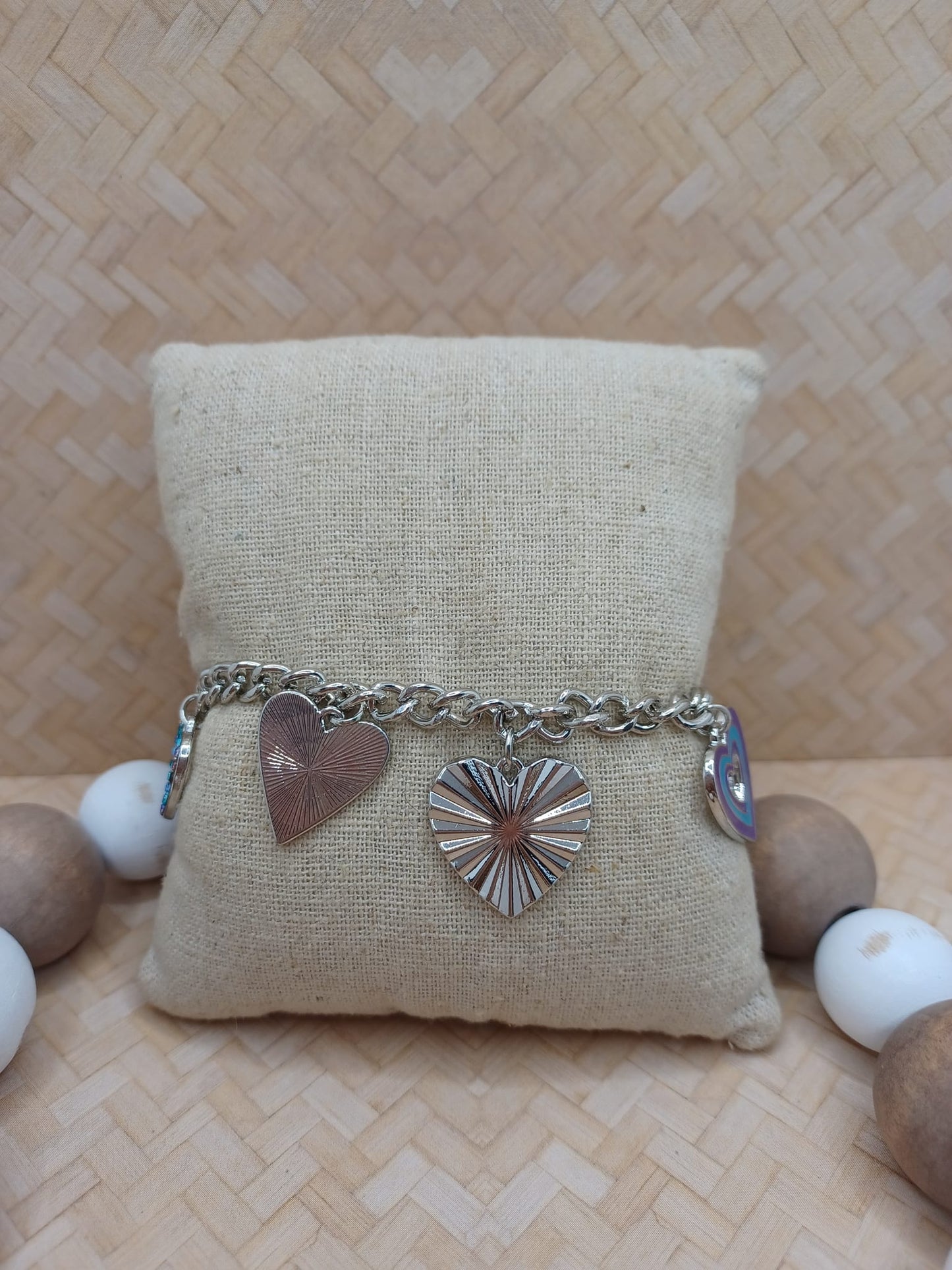 Silver Bracelet w/ Purple & Blue Heart Charm & Mermaid Rhinestone Detail