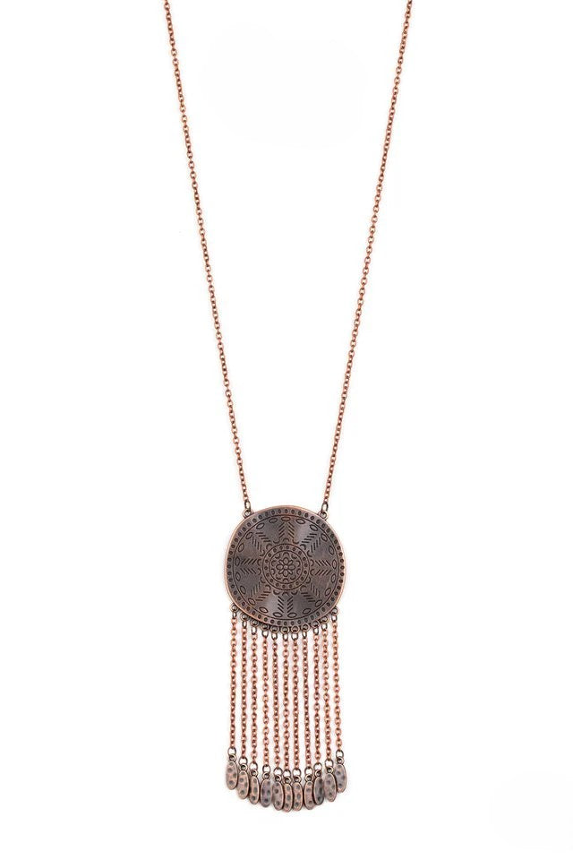 Copper Necklace w/ Textured Pendant & Tassels