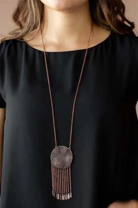 Copper Necklace w/ Textured Pendant & Tassels