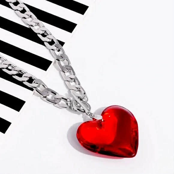 Silver Necklace w/ Chunky Red Heart Pendant