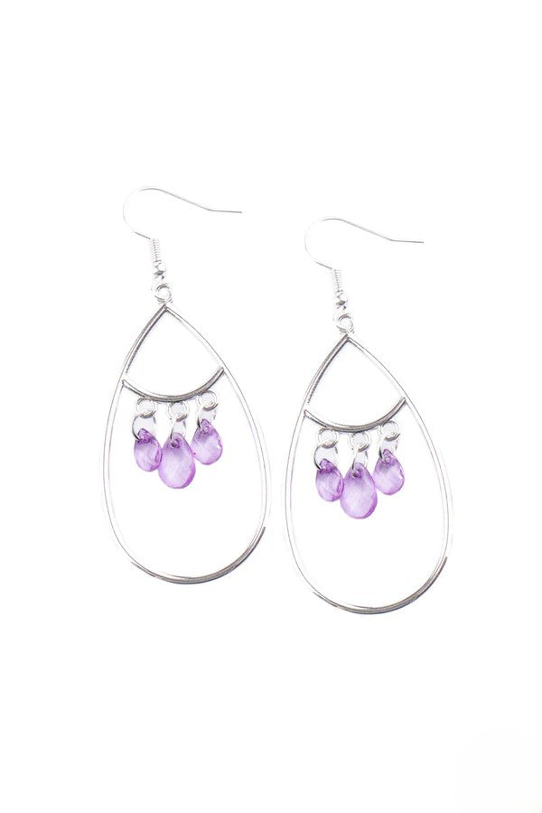 Silver Tear Drop Earrings w/ Purple Dangle Beading