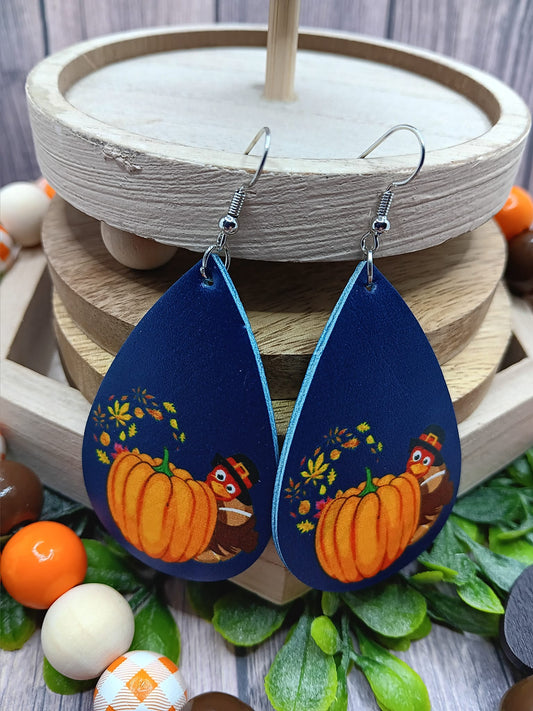 Blue Fall Earrings w/ Turkey & Pumpkin