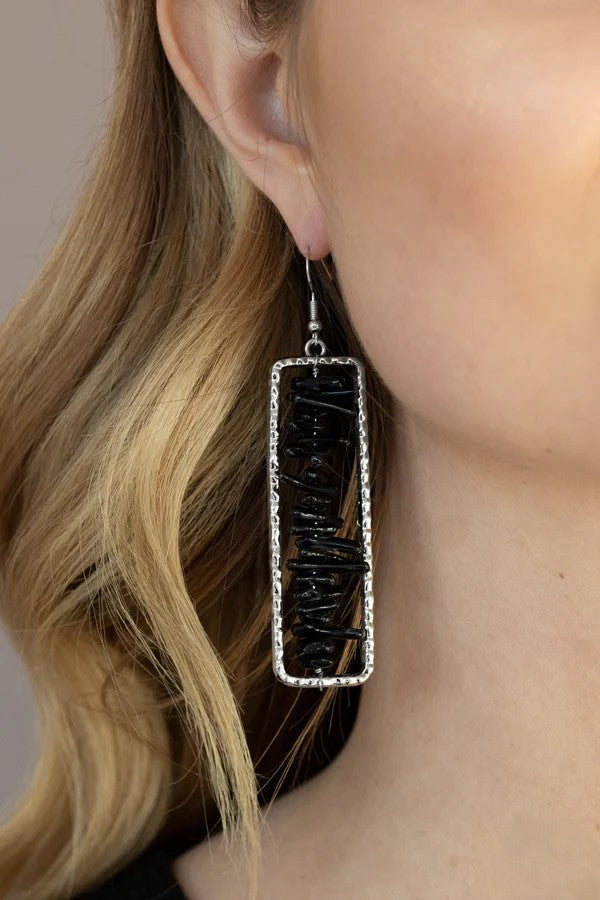 Silver Rectangular Earrings w/ Black Textured Beading