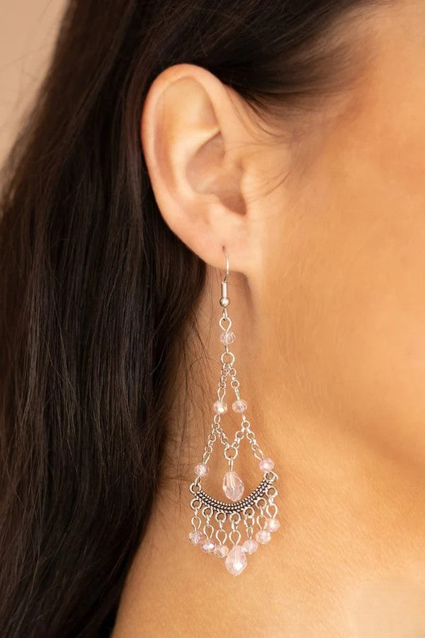 Silver Drop Earrings w/ Pink Iridescent Beading