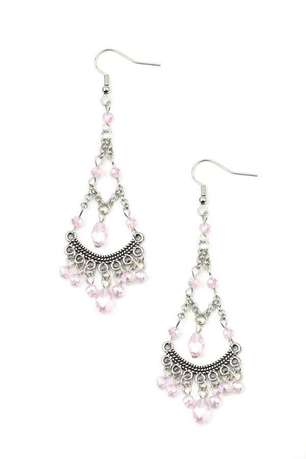 Silver Drop Earrings w/ Pink Iridescent Beading