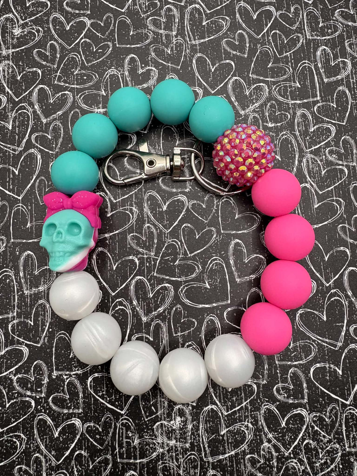 Pink, Teal, & White Skull Beaded Wristlet