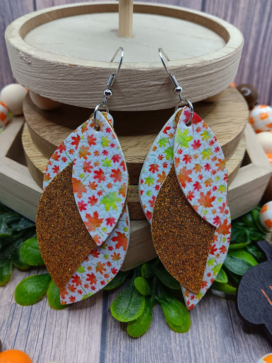 Fall Patterned Triple Layered Glitter Earrings w/ Leaves