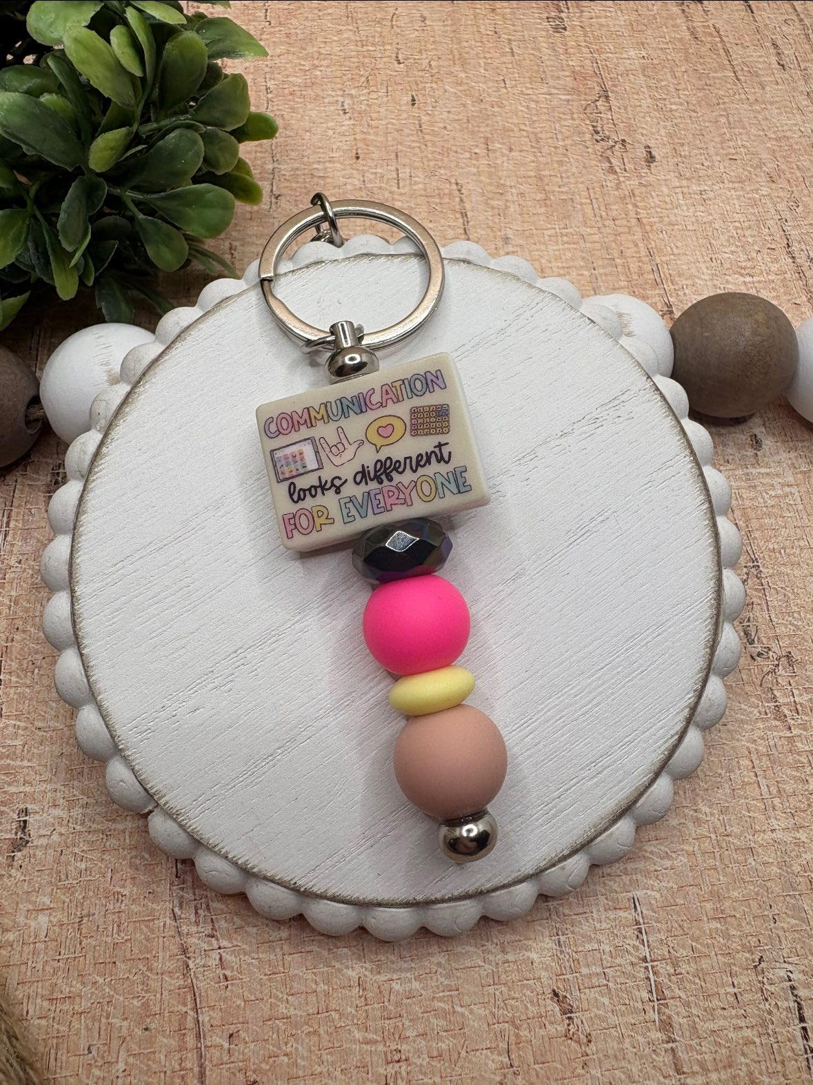 Communication looks different For Everyone Beaded Keychain - Pink, Yellow, Tan