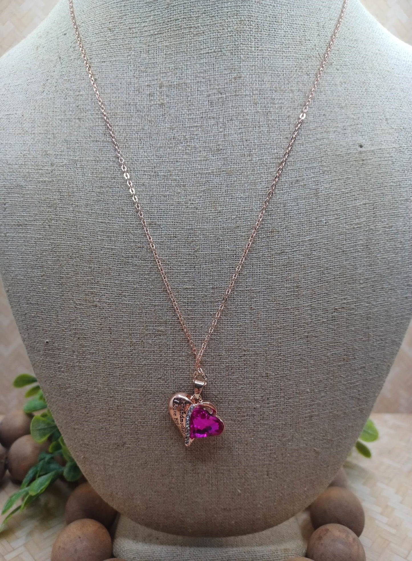 Rose Gold "I Love my Grandmother" Heart Necklace w/ Pink Rhinestone