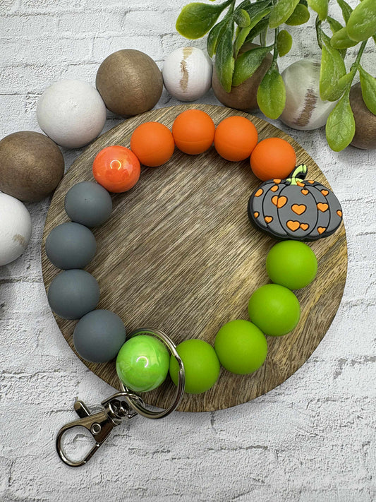 Green & Grey Pumpkin Beaded Wristlet Keychain