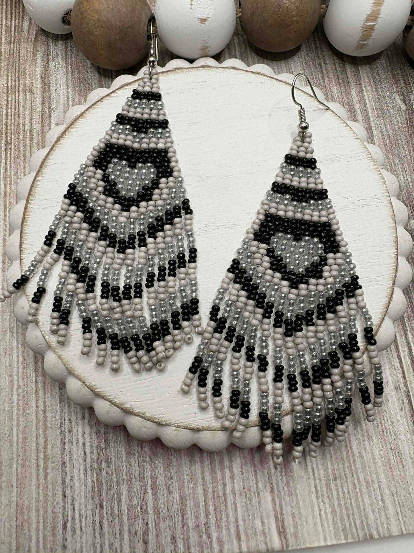Grey & Black Heart Dangle Beaded Earrings