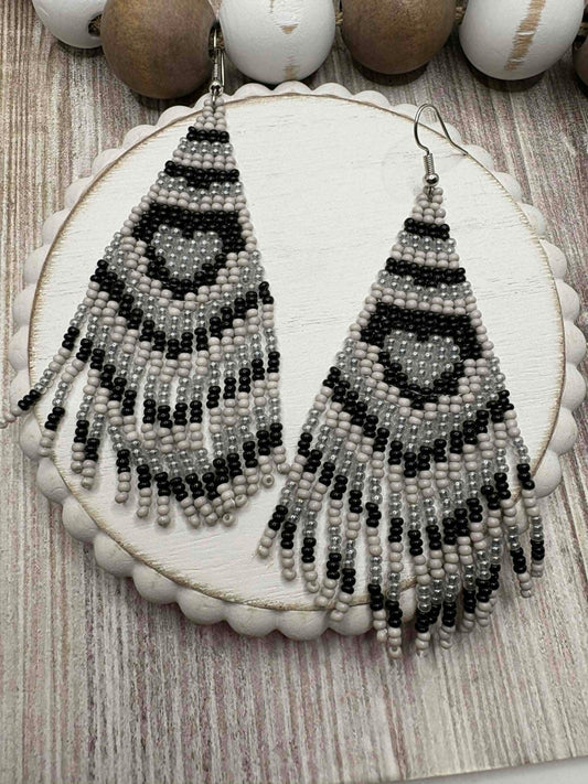 Grey & Black Heart Dangle Beaded Earrings