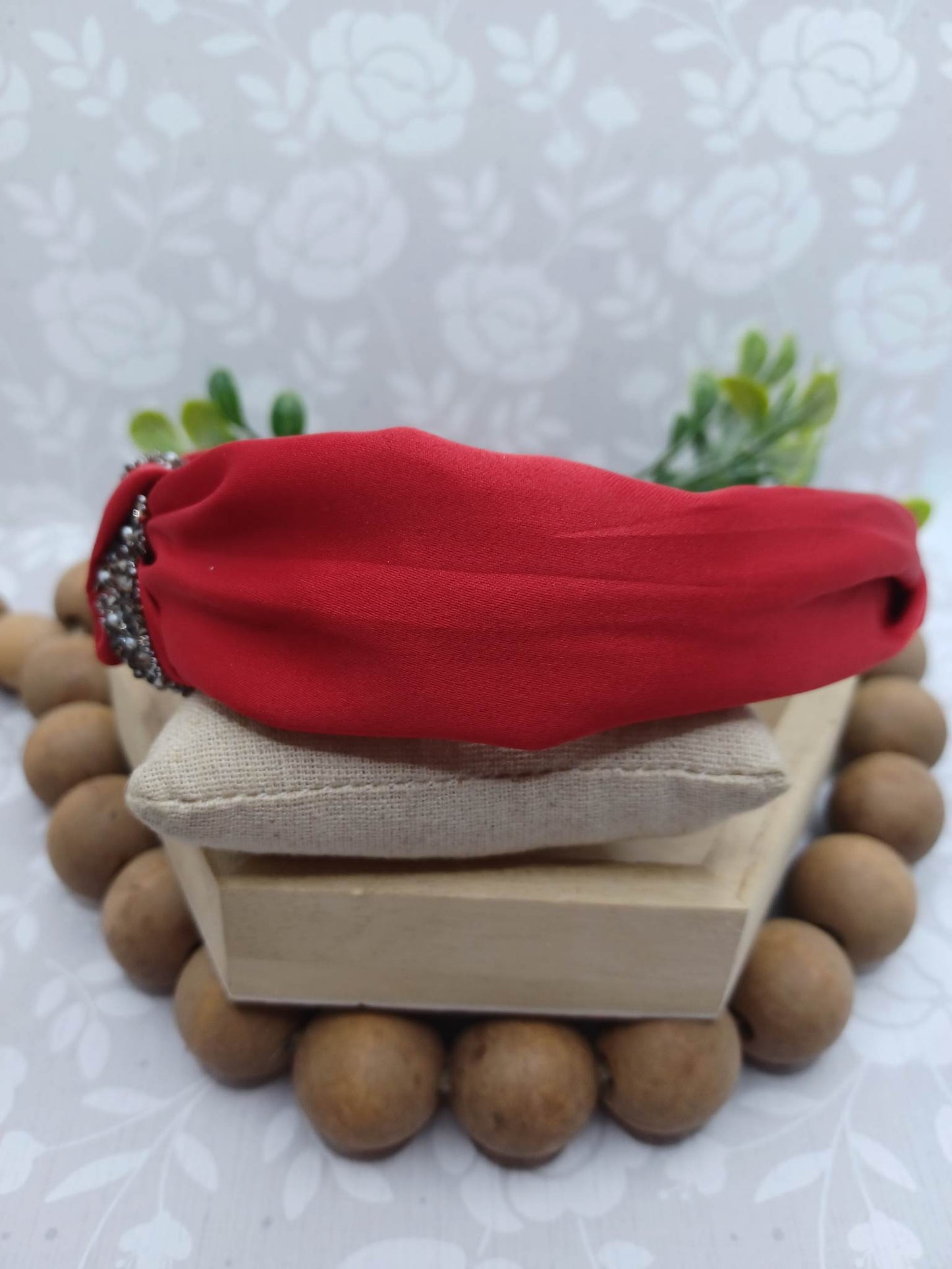Red Headband w/ Druzy Crushed Stone & Pearl Accents