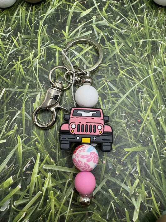 Pink Truck Beaded Keychain