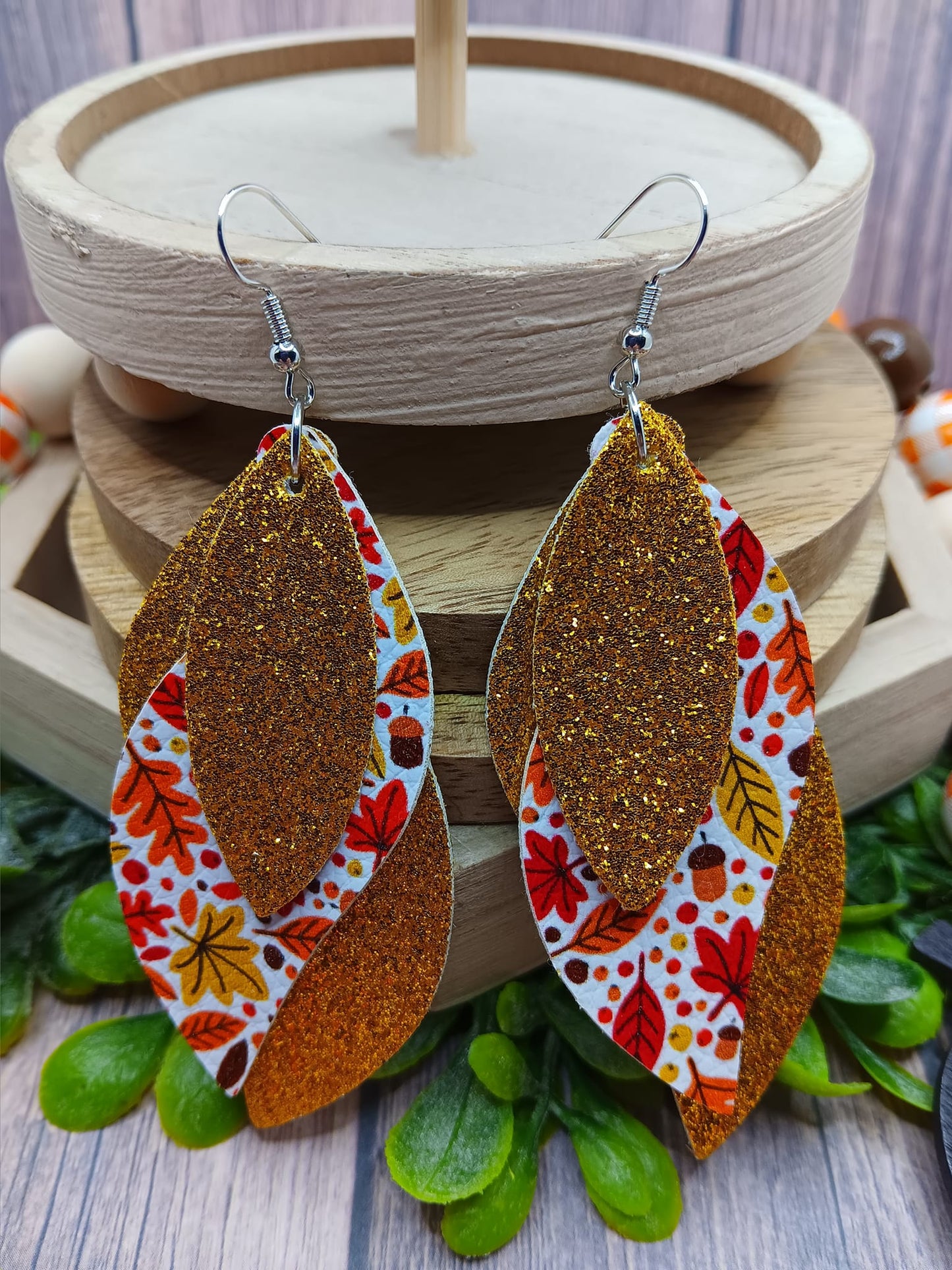 Gold Glitter Triple Layered Fall Earrings w/ Leaves & Acorns