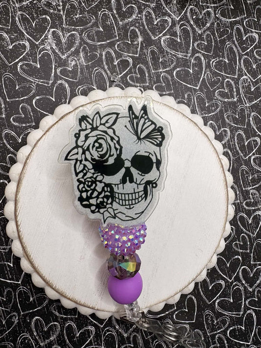 Floral Skull Beaded Badge Reel
