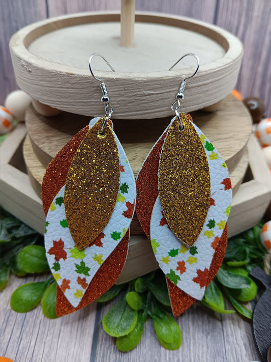 Gold Glitter Triple Layered Earrings w/ Leaves