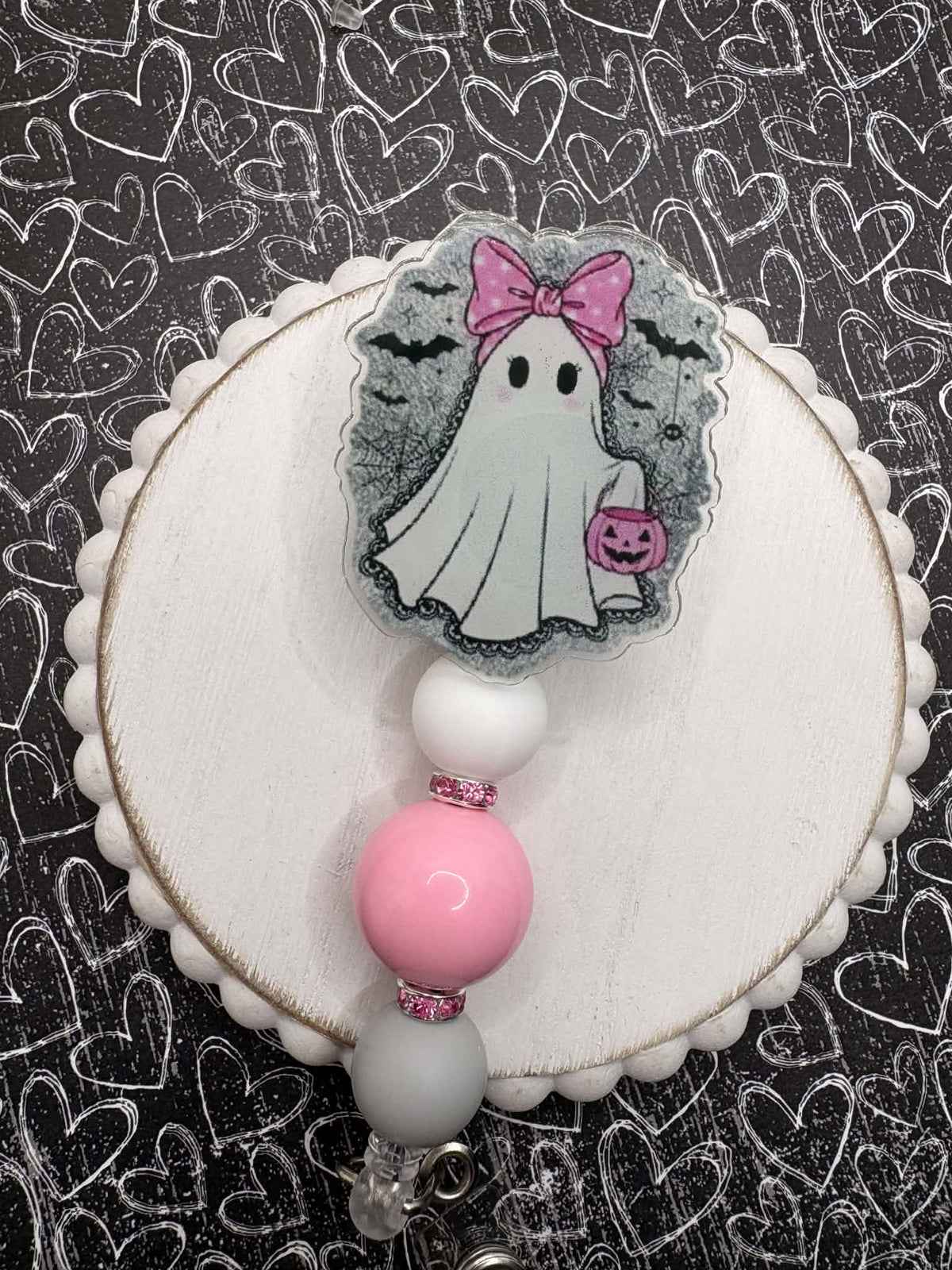 Pink Halloween Ghost Beaded Badge Reel
