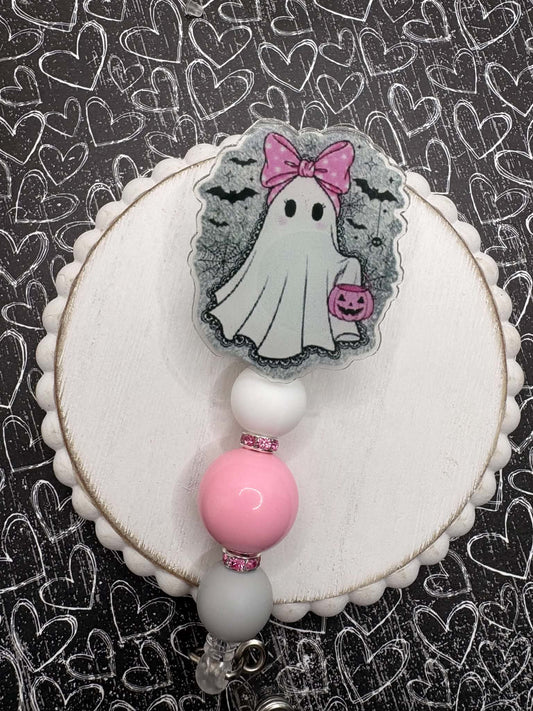 Pink Halloween Ghost Beaded Badge Reel