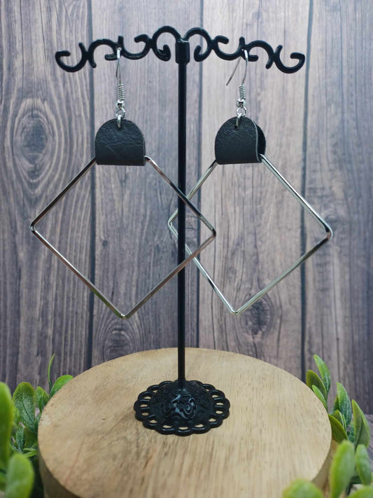 Silver Square Earrings w/ Grey Leather Accents