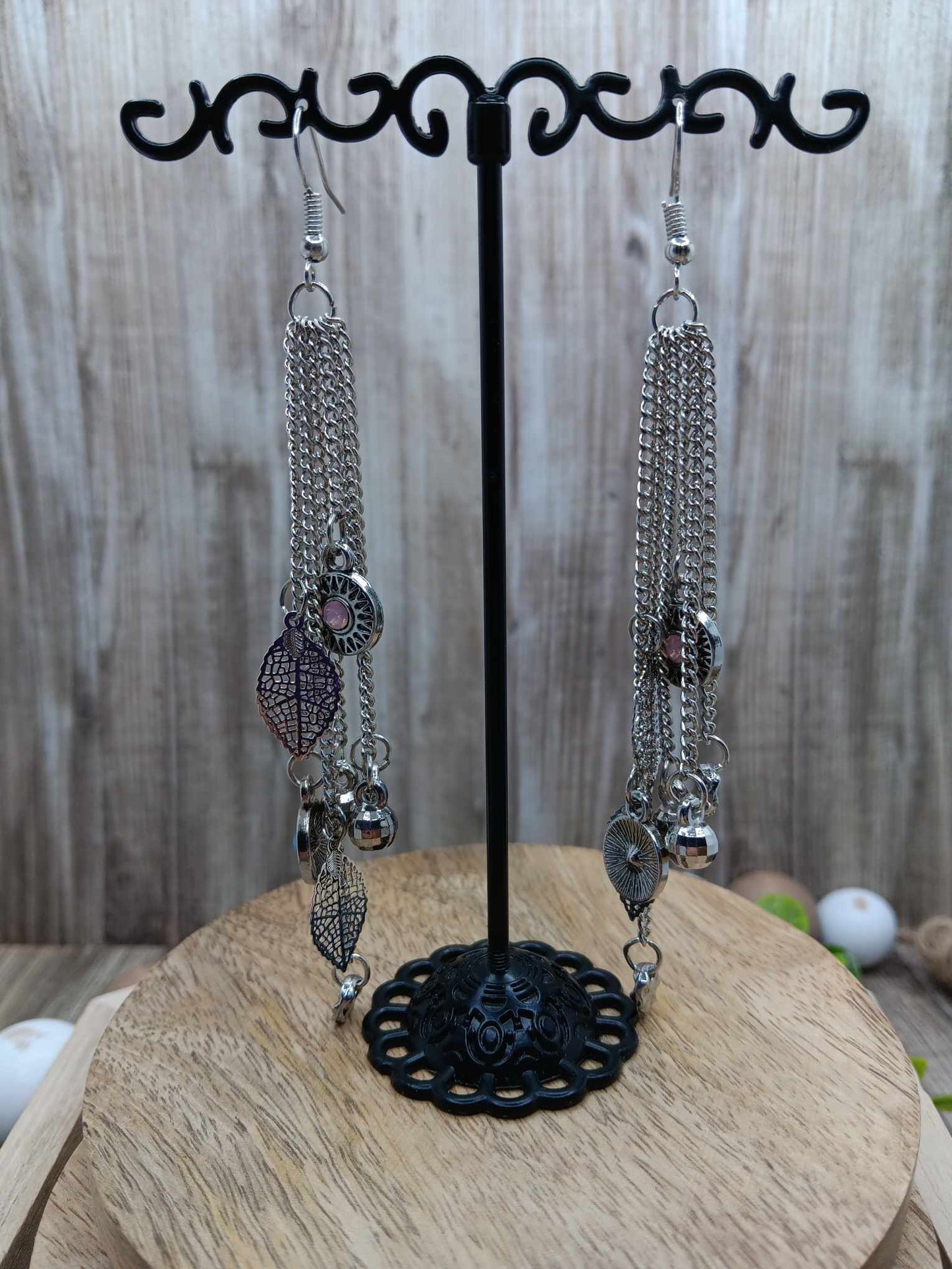 Silver Tassel Drop Style Earrings w/ Rhinestone Accents