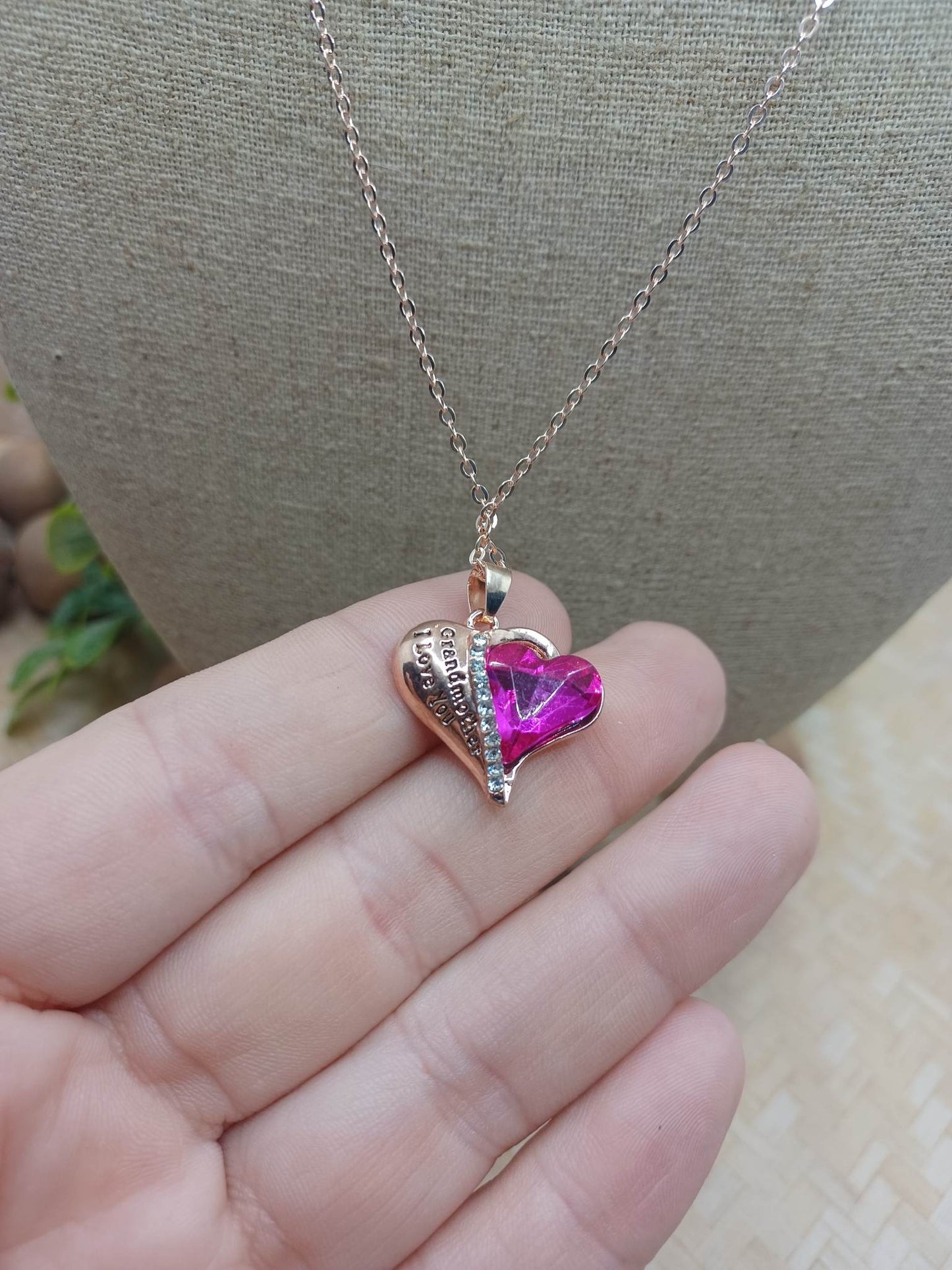 Rose Gold "I Love my Grandmother" Heart Necklace w/ Pink Rhinestone