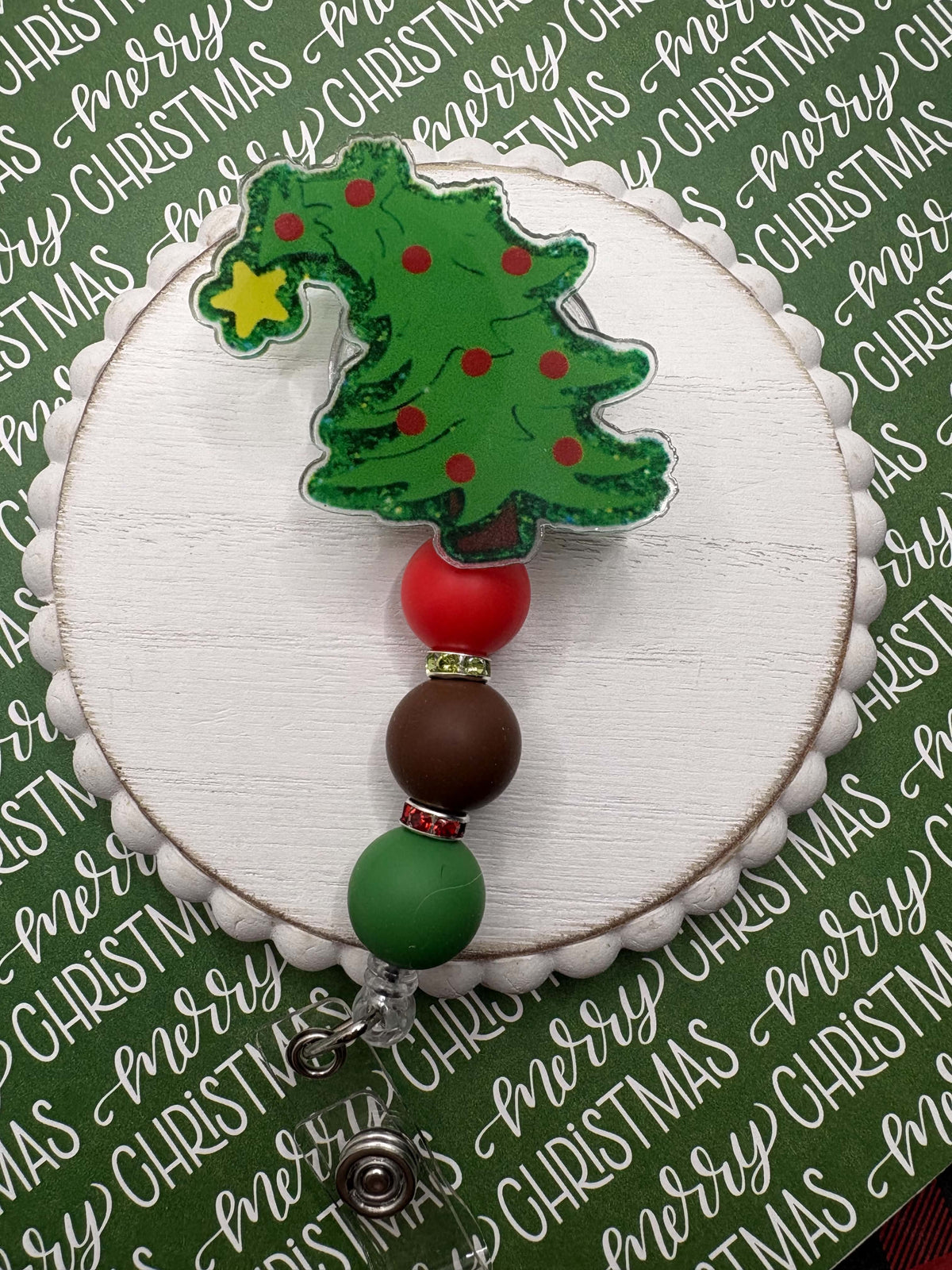 Christmas Tree Beaded Badge Reel - Red, Brown, Green