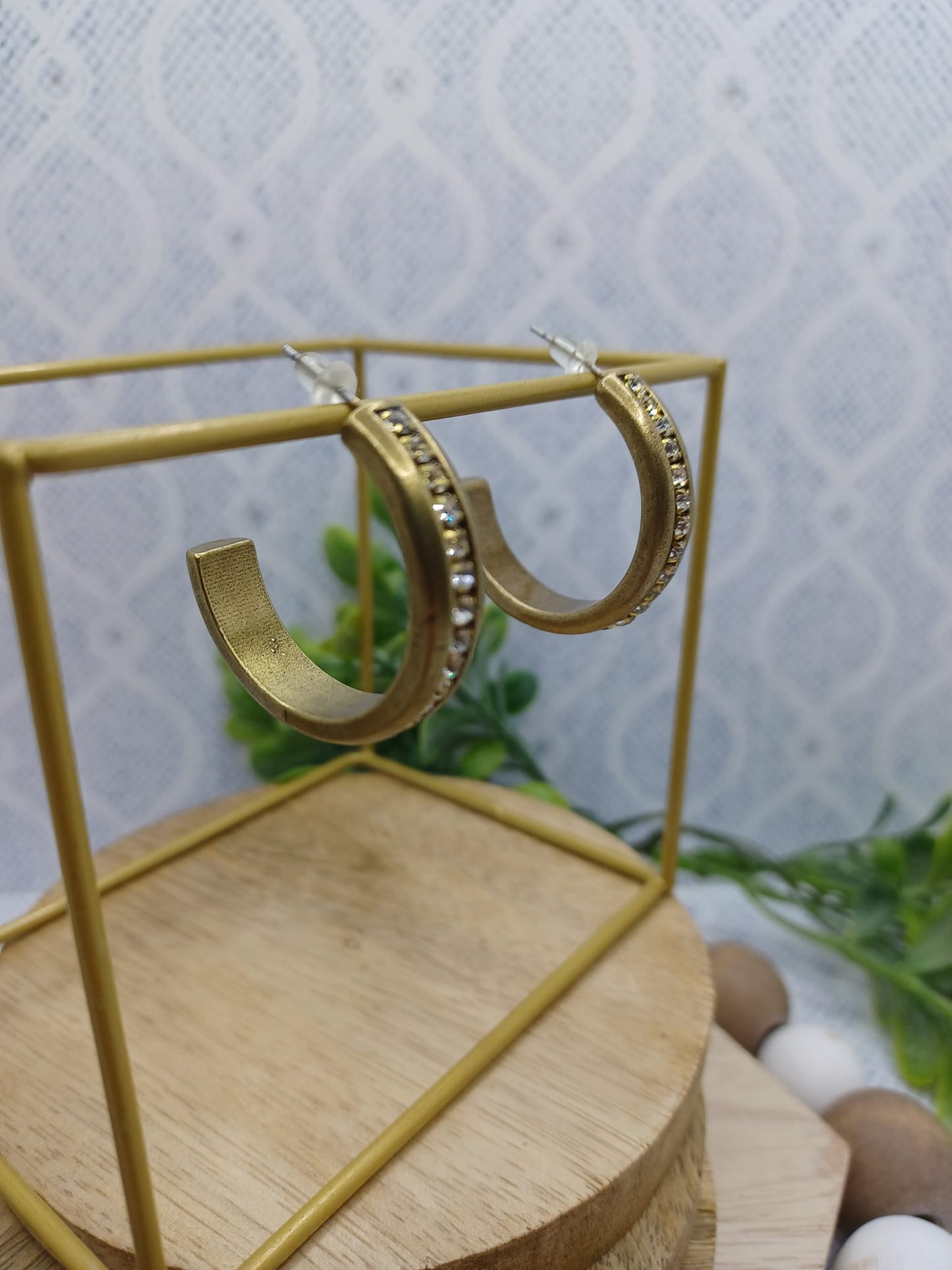 Dainty Brass Hoop Earrings w/ Rhinstones